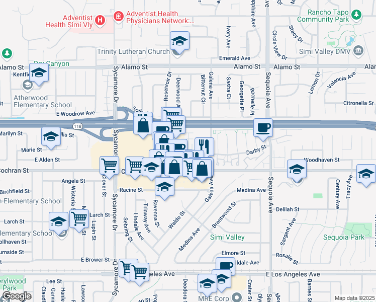 map of restaurants, bars, coffee shops, grocery stores, and more near 3039 Cochran Street in Simi Valley