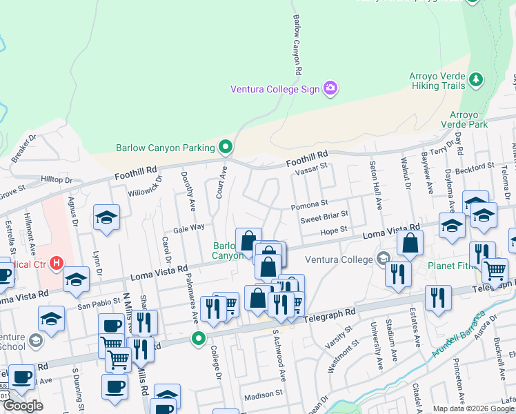 map of restaurants, bars, coffee shops, grocery stores, and more near 4104 Pomona Street in Ventura
