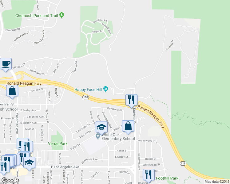 map of restaurants, bars, coffee shops, grocery stores, and more near 2491 Blossom Ridge Court in Simi Valley
