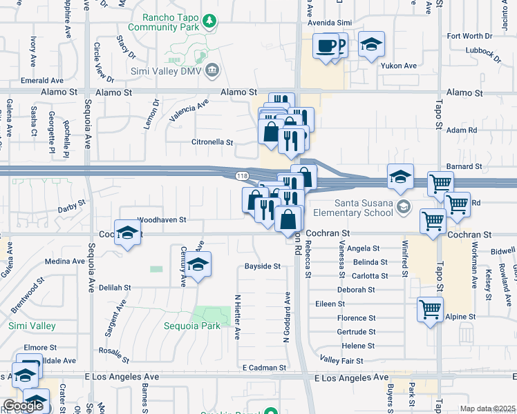 map of restaurants, bars, coffee shops, grocery stores, and more near 2474 North Woodhaven Court in Simi Valley