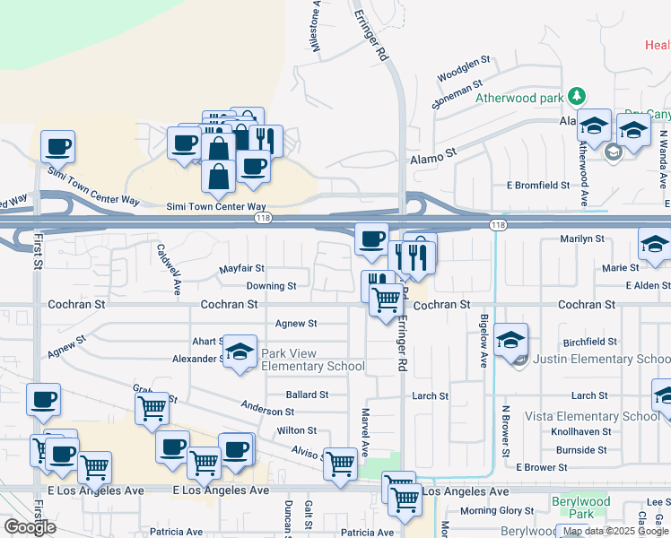 map of restaurants, bars, coffee shops, grocery stores, and more near 1759 Cochran Street in Simi Valley