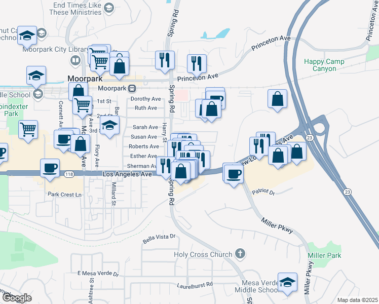 map of restaurants, bars, coffee shops, grocery stores, and more near 600 Spring Road in Moorpark