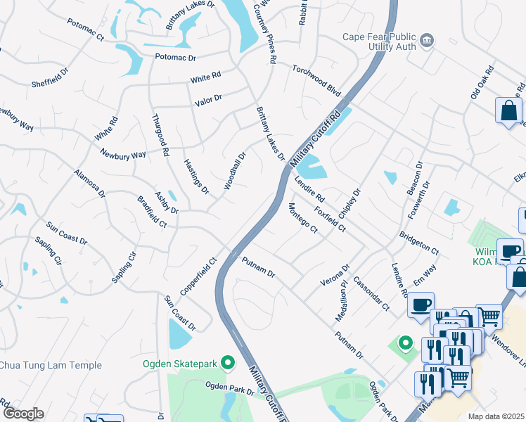 map of restaurants, bars, coffee shops, grocery stores, and more near 7262 Copperfield Court in Wilmington