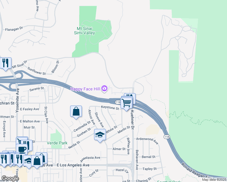 map of restaurants, bars, coffee shops, grocery stores, and more near 2464 Blossom Ridge Court in Simi Valley
