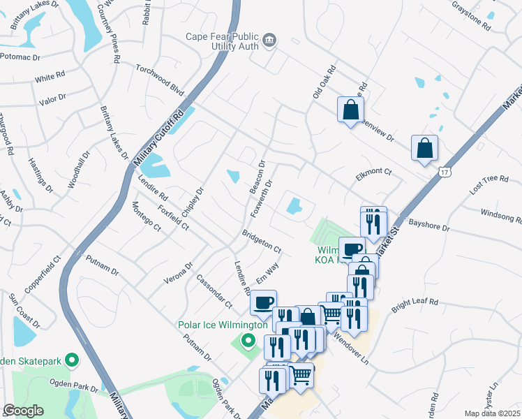 map of restaurants, bars, coffee shops, grocery stores, and more near 7526 Foxwerth Drive in Wilmington