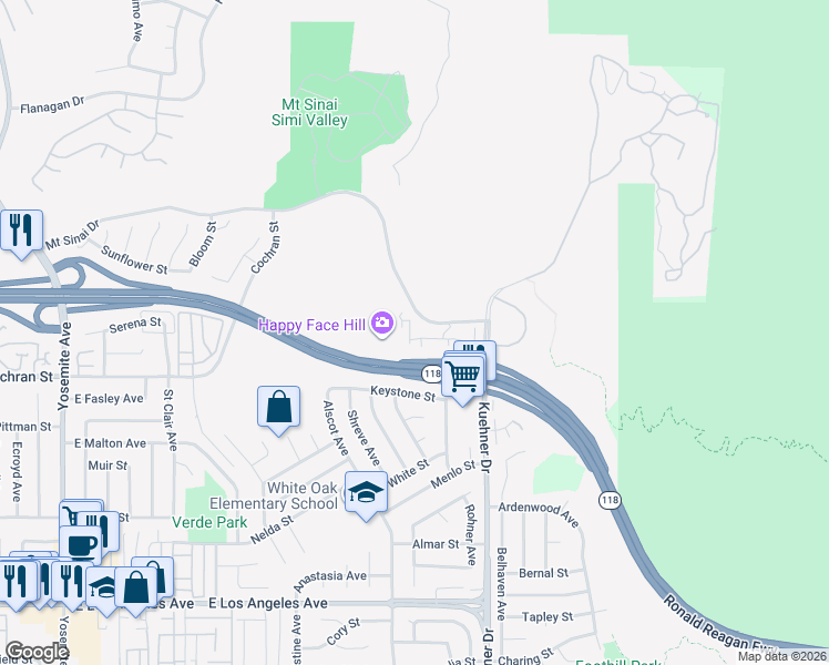 map of restaurants, bars, coffee shops, grocery stores, and more near 2491 Blossom Ridge Court in Simi Valley
