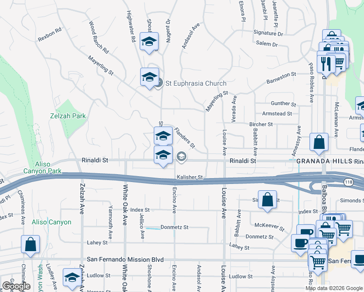 map of restaurants, bars, coffee shops, grocery stores, and more near 11542 Encino Avenue in Los Angeles