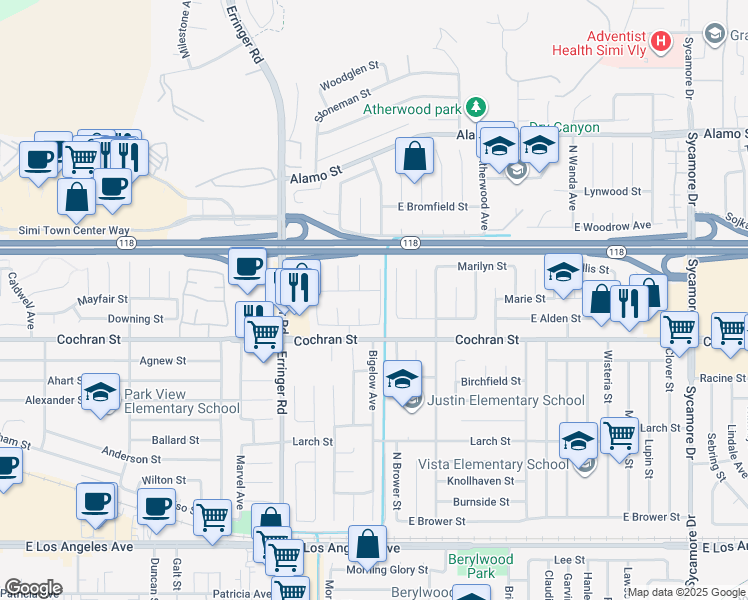 map of restaurants, bars, coffee shops, grocery stores, and more near 2489 Pinewood Place in Simi Valley