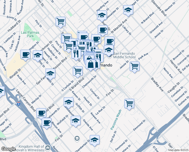 map of restaurants, bars, coffee shops, grocery stores, and more near 820 San Fernando Road in San Fernando