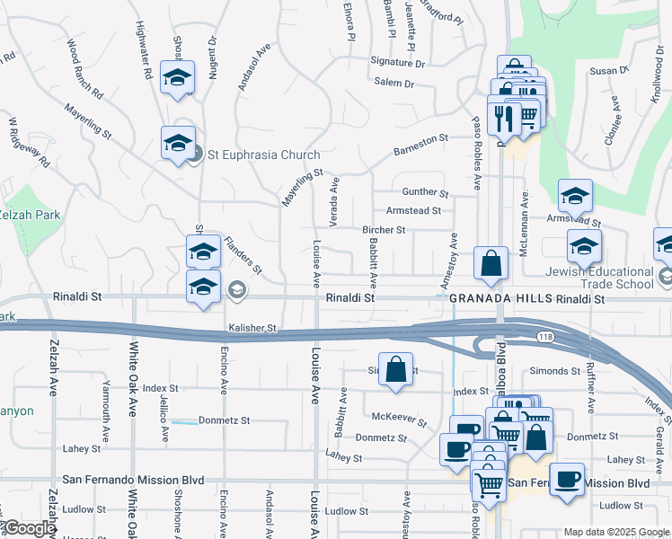 map of restaurants, bars, coffee shops, grocery stores, and more near 17260 Halsey Street in Los Angeles