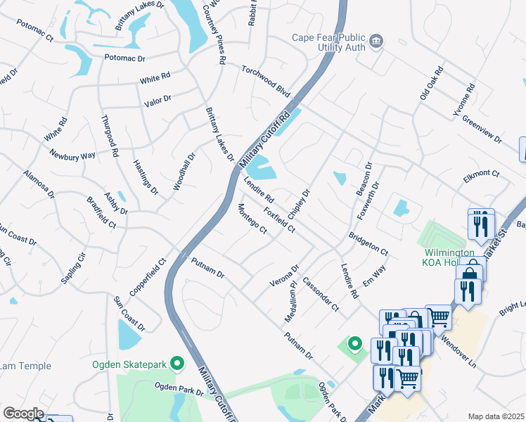 map of restaurants, bars, coffee shops, grocery stores, and more near 533 Foxfield Court in Wilmington