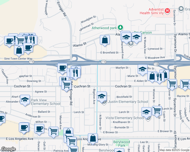 map of restaurants, bars, coffee shops, grocery stores, and more near 2489 Pinewood Place in Simi Valley