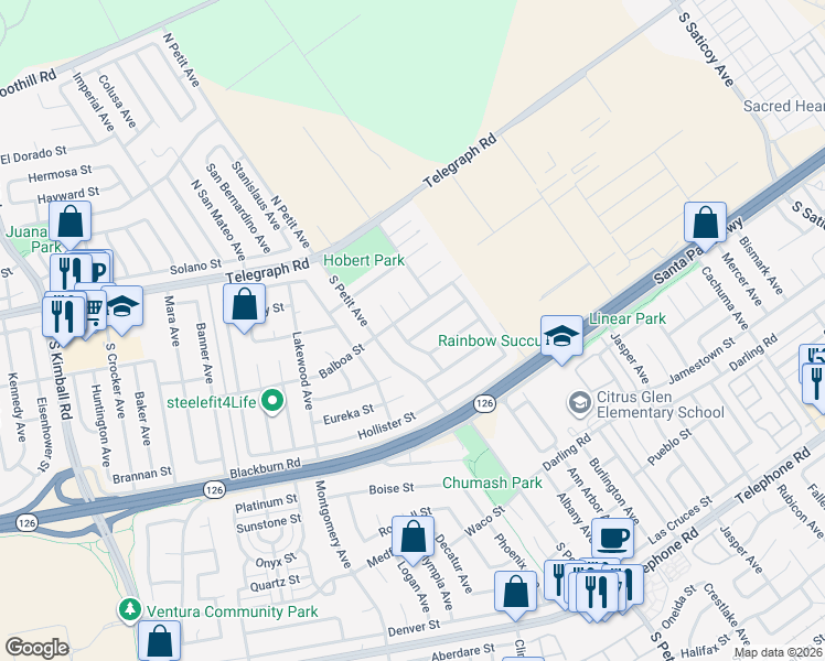 map of restaurants, bars, coffee shops, grocery stores, and more near 9450 Balboa Street in Ventura