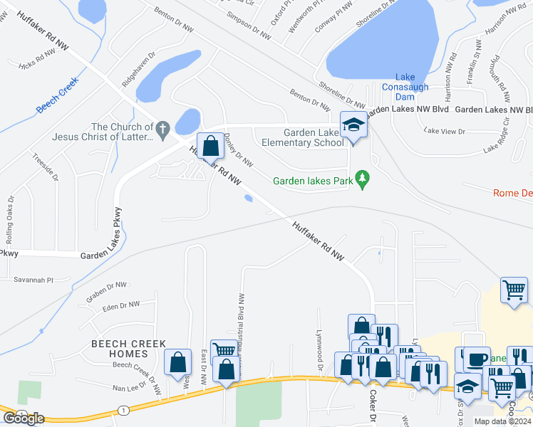 map of restaurants, bars, coffee shops, grocery stores, and more near 213 Huffaker Road Northwest in Rome