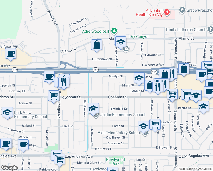 map of restaurants, bars, coffee shops, grocery stores, and more near 2487 North Verda Court in Simi Valley