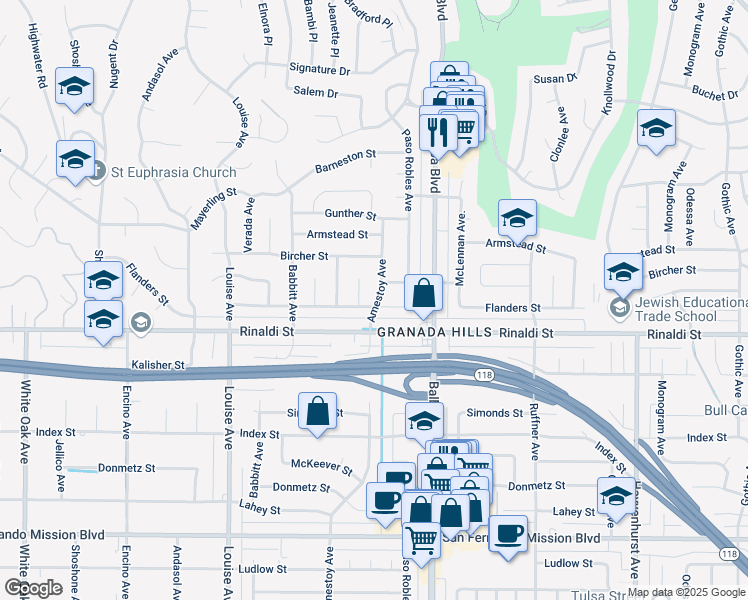 map of restaurants, bars, coffee shops, grocery stores, and more near 11533 Amestoy Avenue in Los Angeles