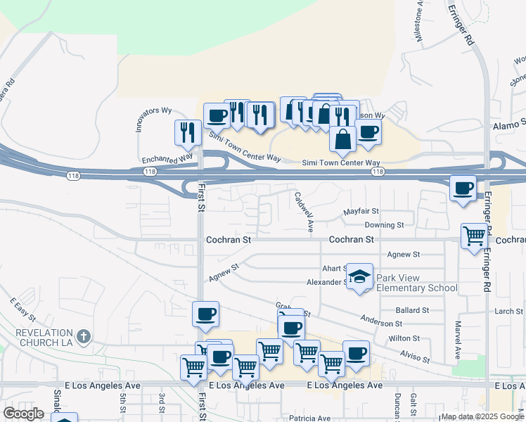 map of restaurants, bars, coffee shops, grocery stores, and more near 2440 Chandler Avenue in Simi Valley