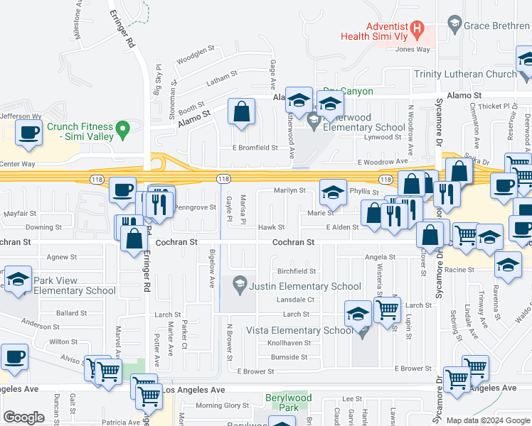 map of restaurants, bars, coffee shops, grocery stores, and more near 2487 North Verda Court in Simi Valley