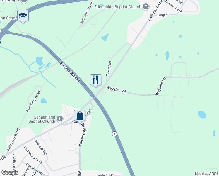 map of restaurants, bars, coffee shops, grocery stores, and more near 322 Calhoun Road Northeast in Rome