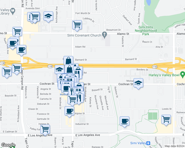 map of restaurants, bars, coffee shops, grocery stores, and more near 4558 Apricot Road in Simi Valley