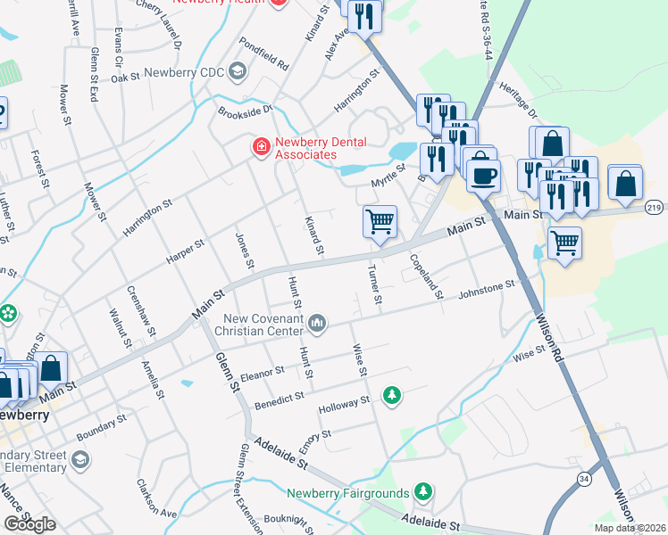 map of restaurants, bars, coffee shops, grocery stores, and more near 2421 Main Street in Newberry