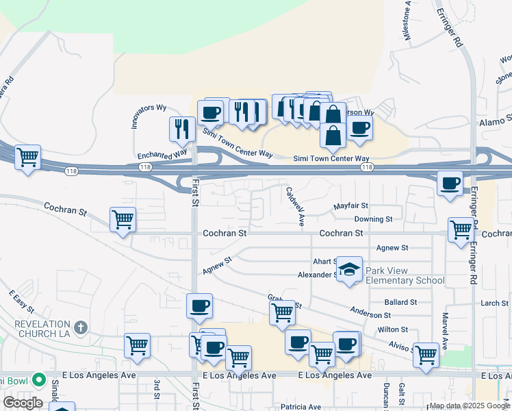 map of restaurants, bars, coffee shops, grocery stores, and more near 2440 Chandler Avenue in Simi Valley