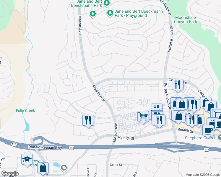 map of restaurants, bars, coffee shops, grocery stores, and more near 11506 Cararra Lane in Los Angeles