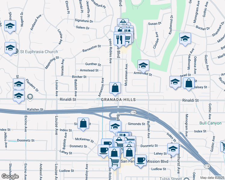 map of restaurants, bars, coffee shops, grocery stores, and more near 17020 Halsey Street in Los Angeles