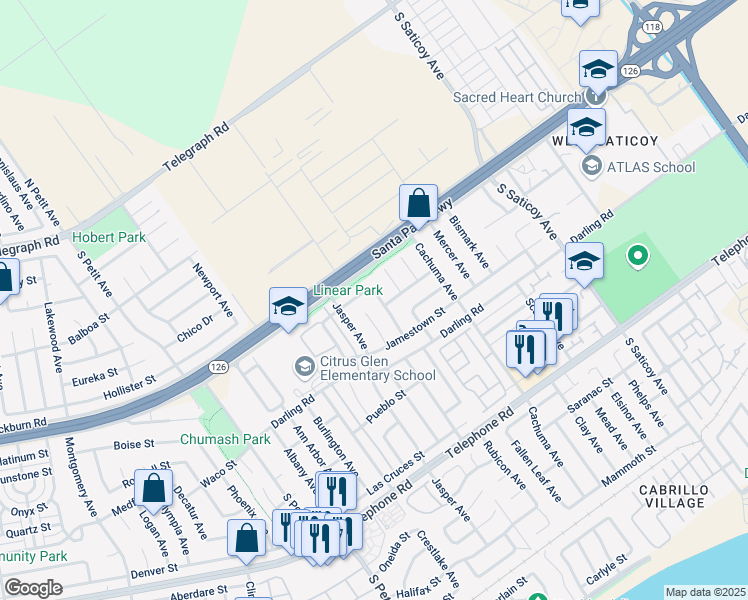 map of restaurants, bars, coffee shops, grocery stores, and more near 10015 Scottsdale Street in Ventura