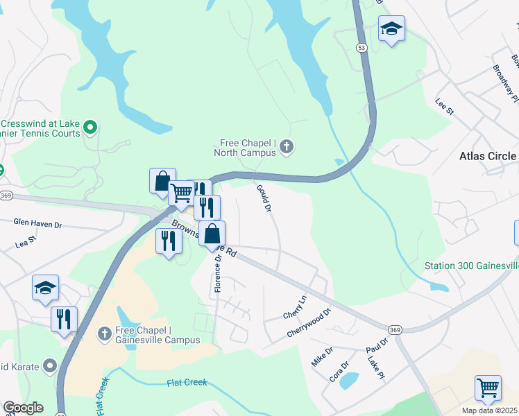 map of restaurants, bars, coffee shops, grocery stores, and more near 2595 Gould Drive in Gainesville