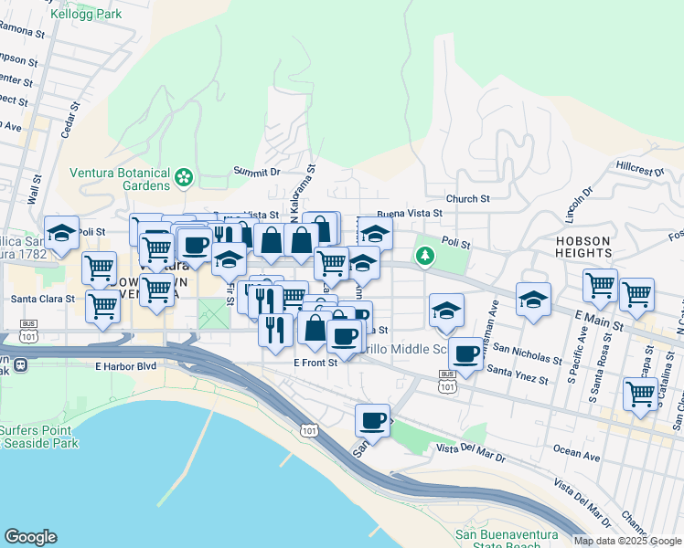 map of restaurants, bars, coffee shops, grocery stores, and more near 1065 East Main Street in Ventura