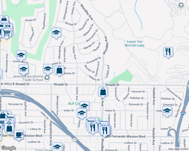 map of restaurants, bars, coffee shops, grocery stores, and more near 11543 Swinton Avenue in Los Angeles