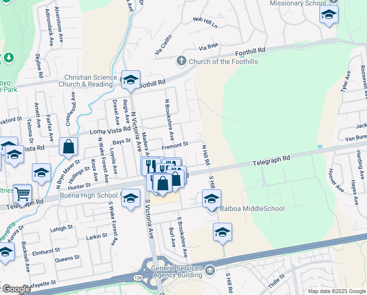 map of restaurants, bars, coffee shops, grocery stores, and more near 6238 Fremont Street in Ventura