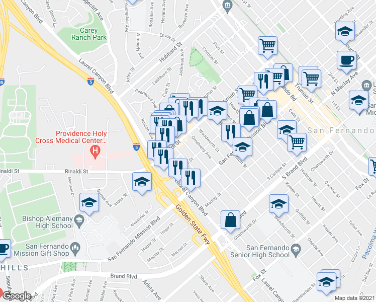 map of restaurants, bars, coffee shops, grocery stores, and more near 11577 Amboy Avenue in San Fernando