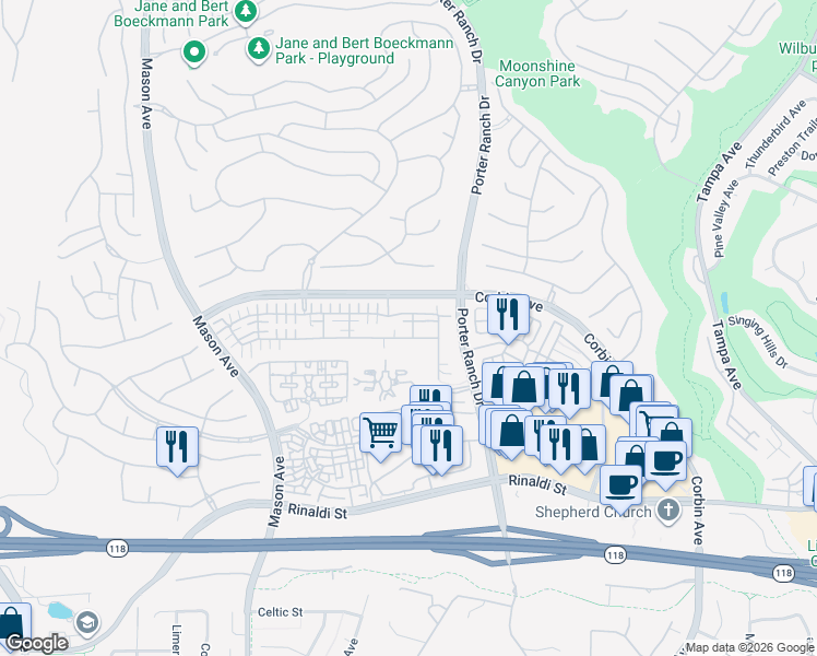 map of restaurants, bars, coffee shops, grocery stores, and more near 20070 Livorno Way in Los Angeles