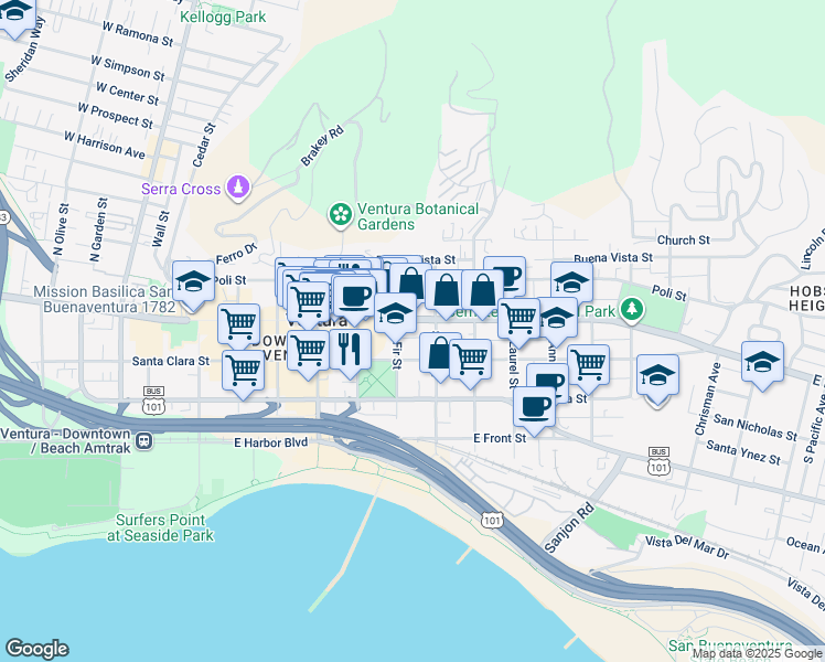 map of restaurants, bars, coffee shops, grocery stores, and more near 738 East Main Street in Ventura