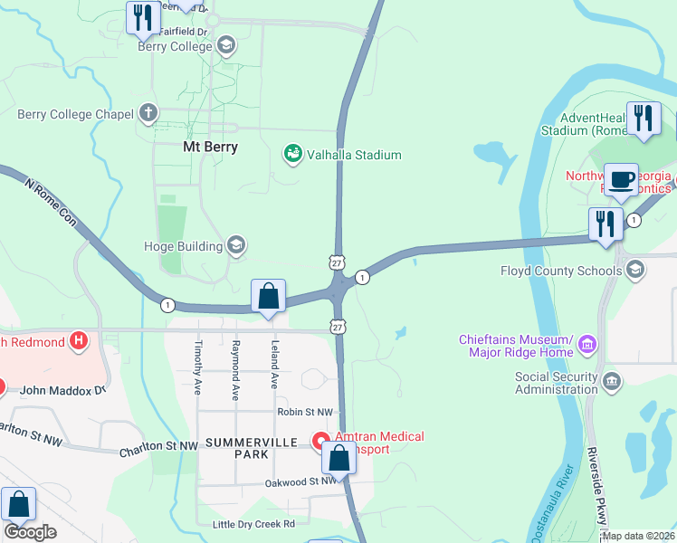 map of restaurants, bars, coffee shops, grocery stores, and more near Martha Berry Highway in Rome