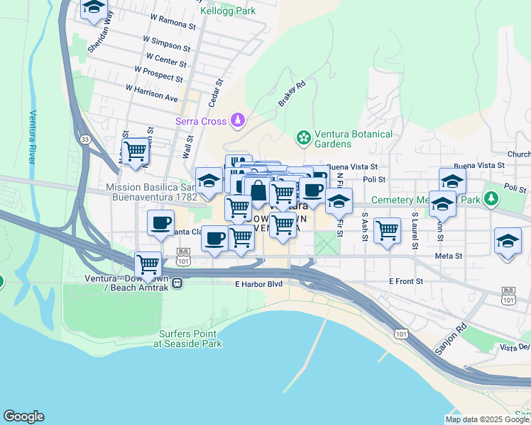 map of restaurants, bars, coffee shops, grocery stores, and more near in Ventura