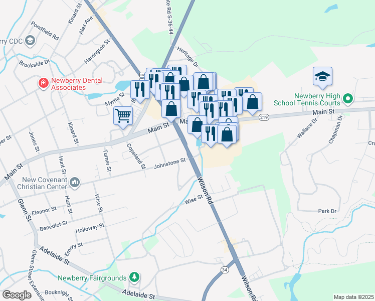 map of restaurants, bars, coffee shops, grocery stores, and more near 1041 Wilson Road in Newberry