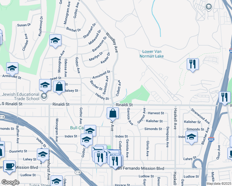 map of restaurants, bars, coffee shops, grocery stores, and more near 11602 Collett Avenue in Los Angeles