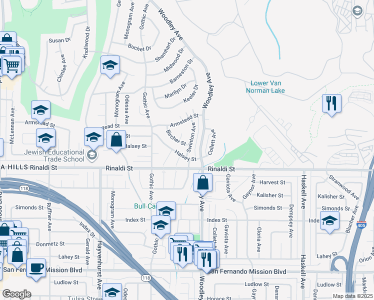 map of restaurants, bars, coffee shops, grocery stores, and more near 16250 Bircher Street in Los Angeles