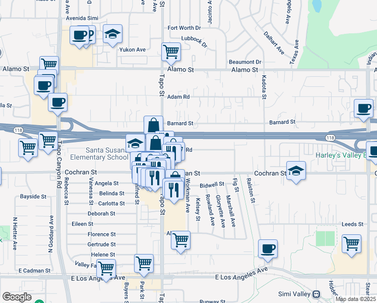 map of restaurants, bars, coffee shops, grocery stores, and more near 4481 Apricot Road in Simi Valley