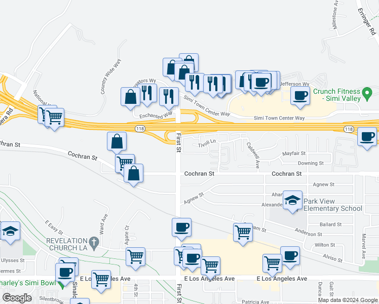 map of restaurants, bars, coffee shops, grocery stores, and more near 1158 Tivoli Lane in Simi Valley