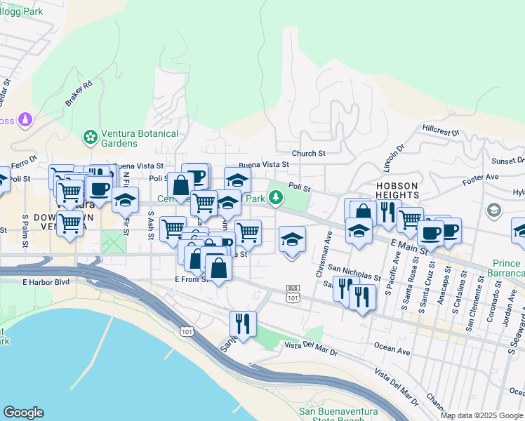 map of restaurants, bars, coffee shops, grocery stores, and more near 1239 East Main Street in Ventura