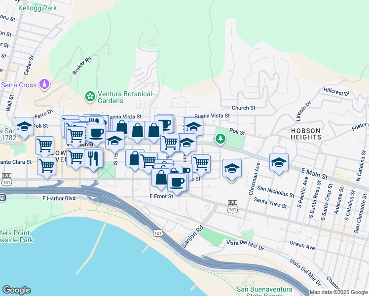 map of restaurants, bars, coffee shops, grocery stores, and more near 1065 East Main Street in Ventura