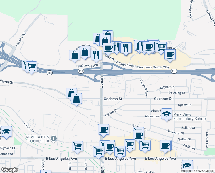 map of restaurants, bars, coffee shops, grocery stores, and more near 1142 Tivoli Lane in Simi Valley