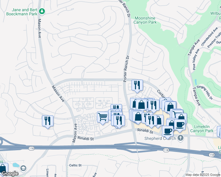 map of restaurants, bars, coffee shops, grocery stores, and more near 20077 Pienza Lane in Los Angeles