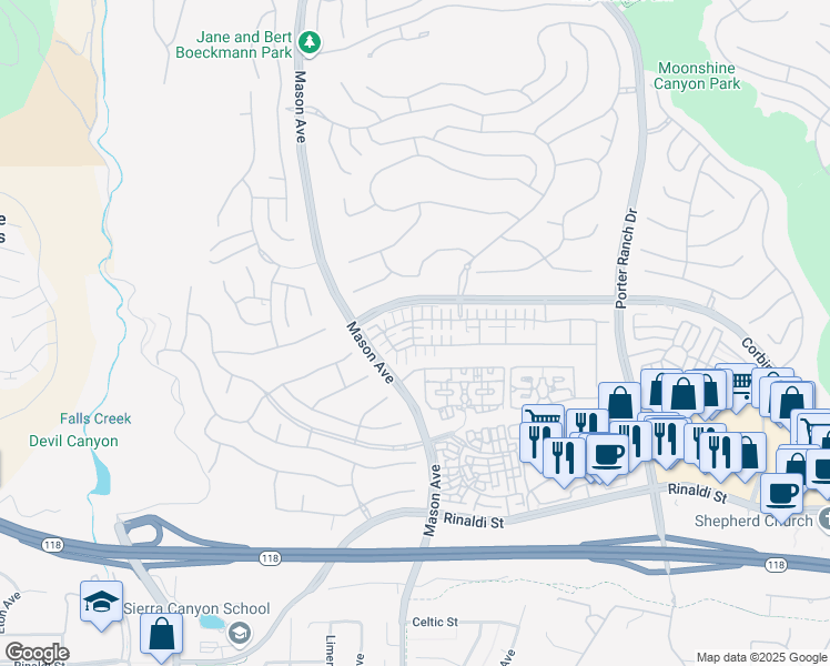 map of restaurants, bars, coffee shops, grocery stores, and more near 11510 Cararra Lane in Los Angeles
