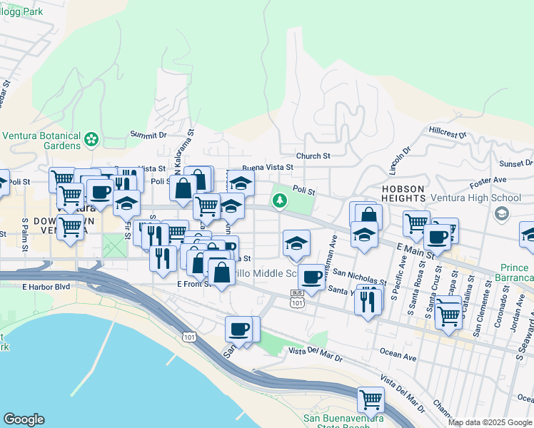 map of restaurants, bars, coffee shops, grocery stores, and more near 1239 East Main Street in Ventura