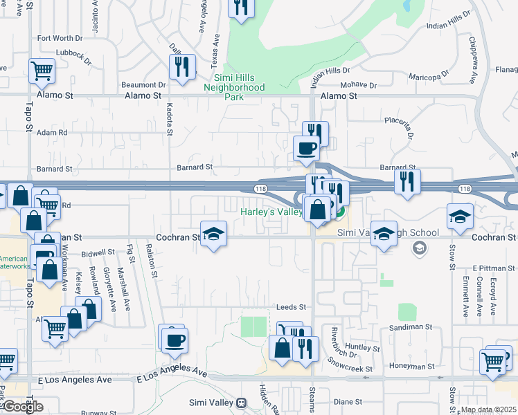 map of restaurants, bars, coffee shops, grocery stores, and more near 2527 Aurora Lane in Simi Valley